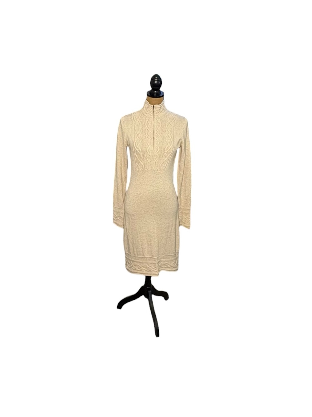 Athleta Sawtooth Sweater Dress Womens Small Oatmeal Cable Knit Wool Quarter Zip